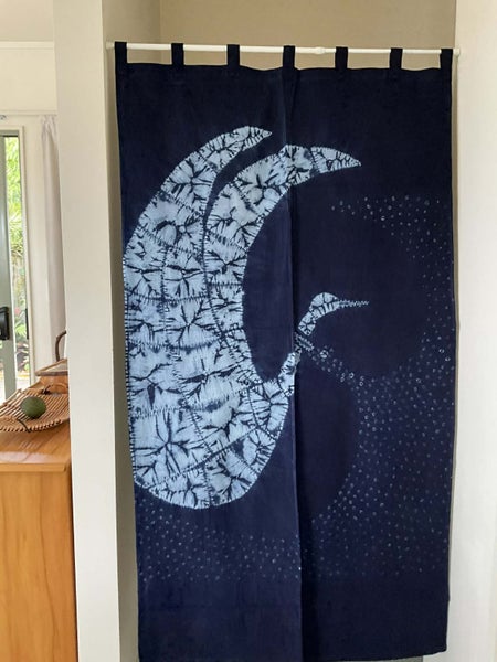 Japanese Noren doorway curtain privacy or wall decor. 100% cotton. Indigo Cranes Carousel 1