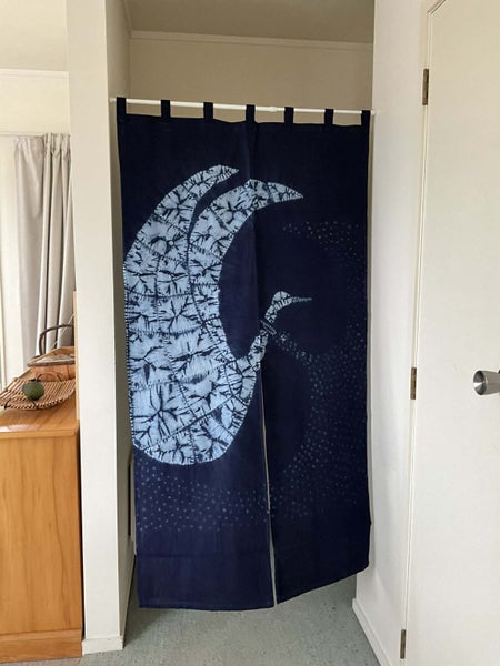 Japanese Noren doorway curtain privacy or wall decor. 100% cotton. Indigo Cranes Carousel 2