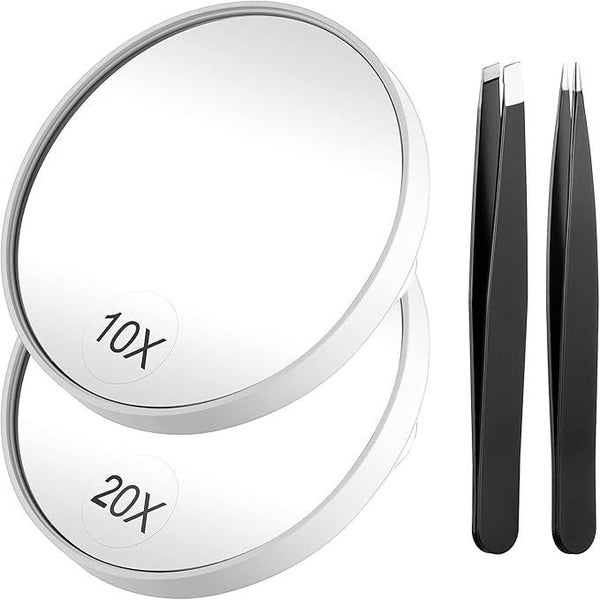 20X Magnifying Mirror & 10X Magnifier with Suction Cups, Tweezers Kit - White Carousel 1