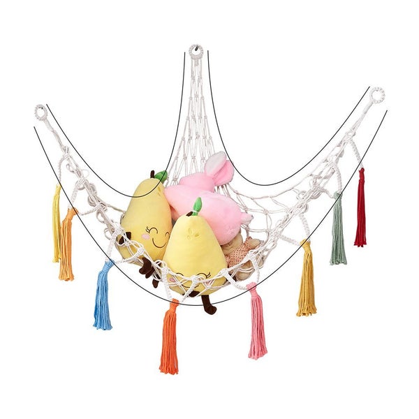 Boho Plush Toy Hammock Net Organizer -White Net with Colourful Tassel Carousel 1
