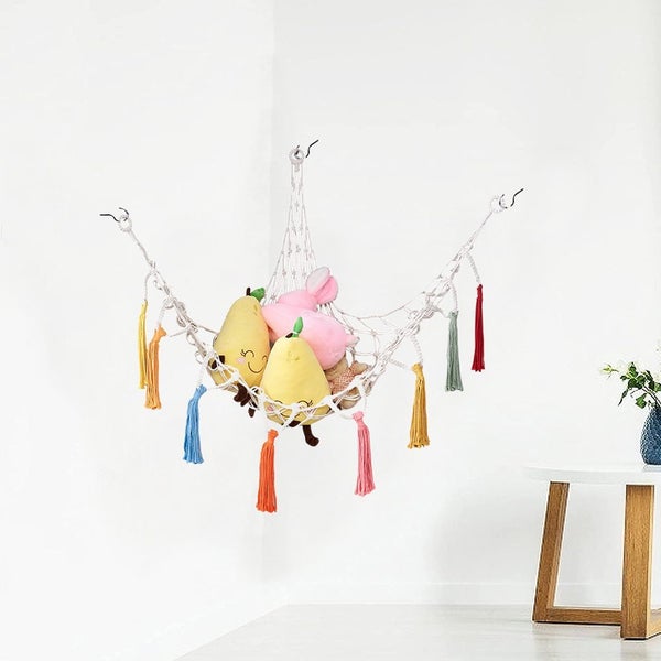 Boho Plush Toy Hammock Net Organizer -White Net with Colourful Tassel Carousel 2