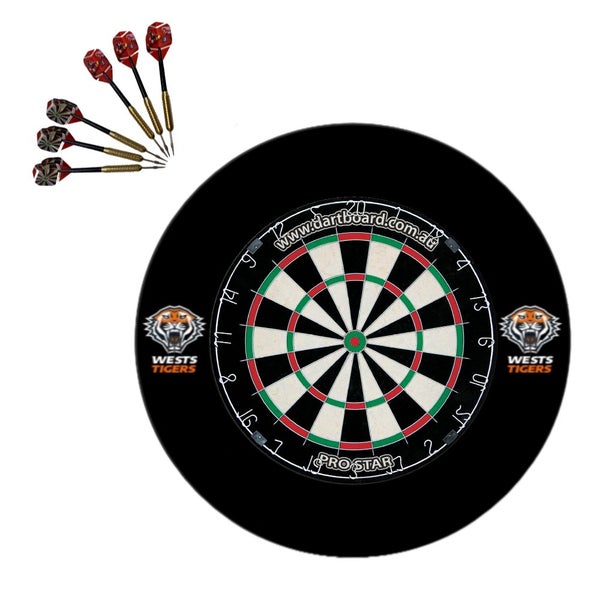 Pro Star Genuine Bristle Dart Board + Wests Tigers NRL Surround + Darts Carousel 1
