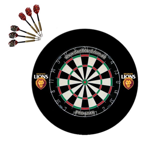 Pro Star Genuine Bristle Dart Board + Brisbane Lions AFL Surround + Darts Carousel 1