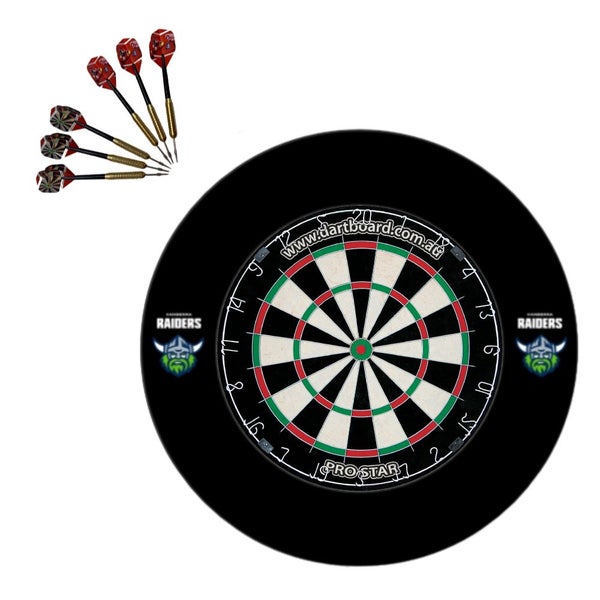 Pro Star Genuine Bristle Dart Board + Canberra Raiders NRL Surround + Darts Carousel 1