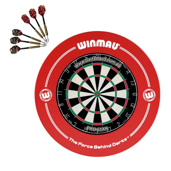 Pro Star Genuine Bristle Dart Board + Winmau Red Print Surround + Darts Carousel 1