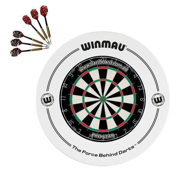 Pro Star Genuine Bristle Dart Board + Winmau White Print Surround + Darts Carousel 1