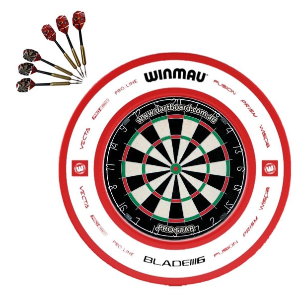 Pro Star Genuine Bristle Dart Board + Winmau Pro-Line Red 2.0 Surround + Darts Carousel 1