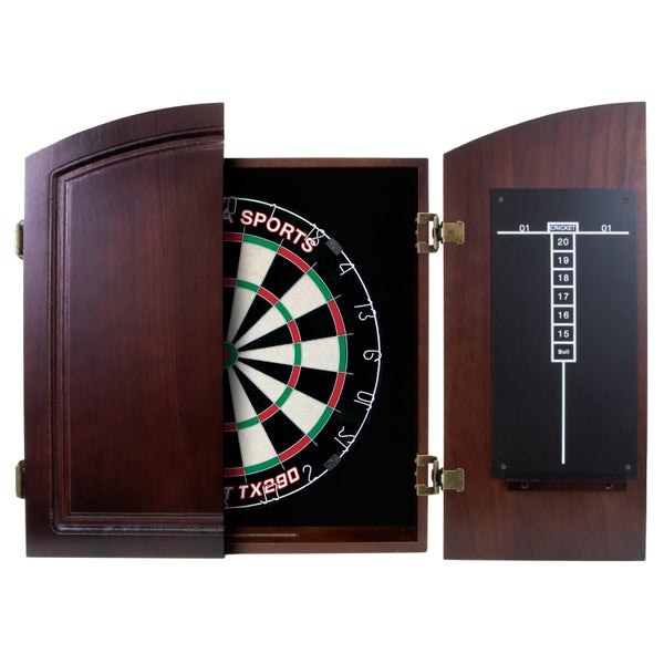 Dart Board Set SOLID WOOD CHERRY Darts Cabinet AND Bristle TX290 Dartboard Carousel 1