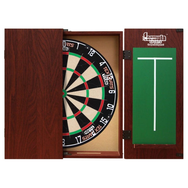 Tex Darts Titan Tournament Dart Board + Formula Mahogany Cabinet + Darts Set Carousel 6