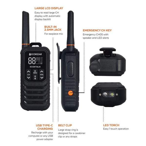 ECOXGEAR ECOXTALK EXG200-2PK UHF 2Watt CB Handheld 2-Way Radio Walkie Talkie Carousel 2
