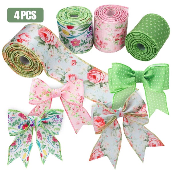4 Roll Floral Fabric Ribbons, 14.7ft Decorative Flower Trim Ribbon for DIY Carousel 1