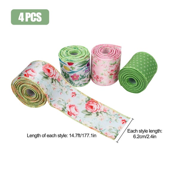 4 Roll Floral Fabric Ribbons, 14.7ft Decorative Flower Trim Ribbon for DIY Carousel 2