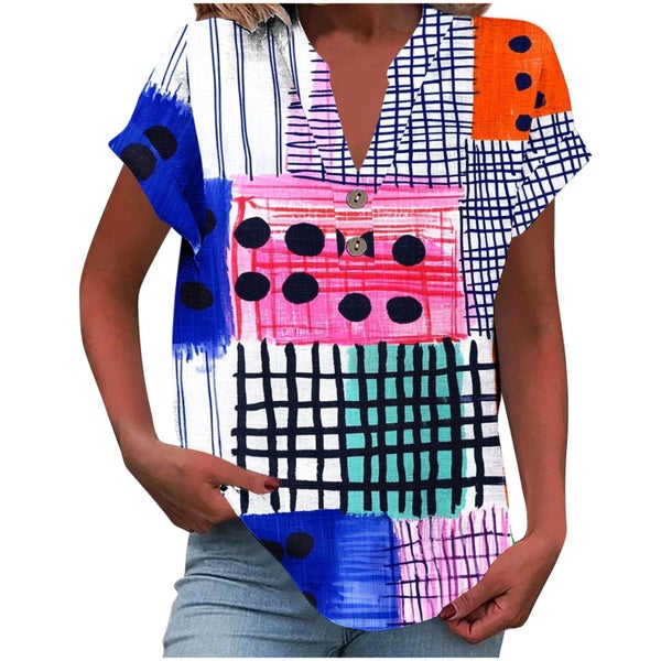 Linen Shirts for Women Summer Casual Loose Button Down V Neck Short Sleeves Carousel 2