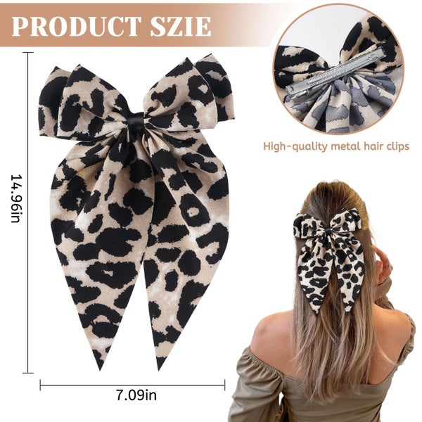 2PCS Leopard print Hair Bows for Women Big Ribbon Bows for Hair Long Tail B Carousel 2