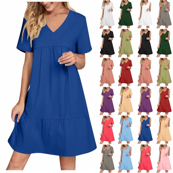 Sundress for Women Midi Solid Color V Neck Sleeveless Summer Dress with But Carousel 1