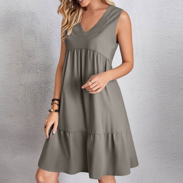 Sundress for Women Midi Solid Color V Neck Sleeveless Summer Dress with But Carousel 2