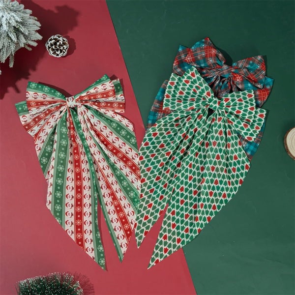 3PCS Christmas Hair Bows for Women Girls, Red Green Tassel Hair Ribbon Bowk Carousel 1