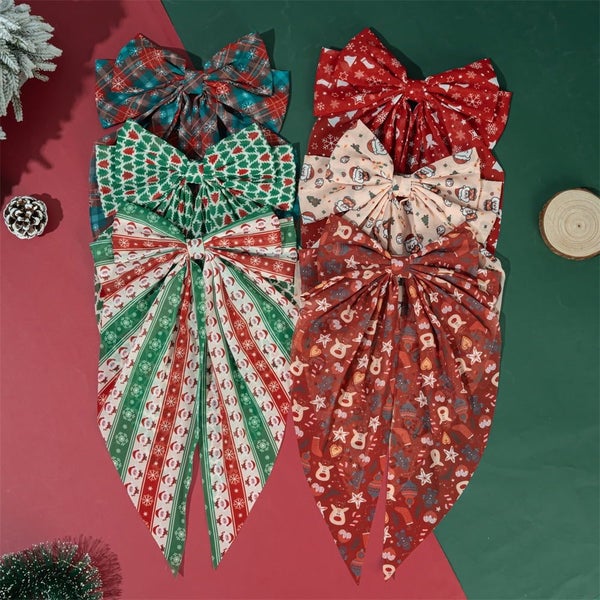 3PCS Christmas Hair Bows for Women Girls, Red Green Tassel Hair Ribbon Bowk Carousel 1