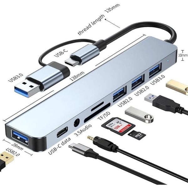 USB C Hub Pro 8 in 1 Multiport Adapter, 3 USB 2.0 Ports, 1 USB 3.0 Port, SD Carousel 2