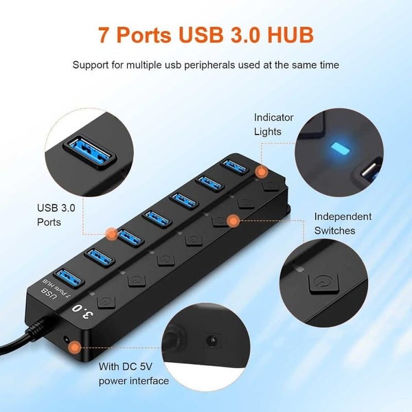 PC Multiport Adapter with 7 USB Ports, High-Speed ??3.0 USB Hub for Laptop/ Carousel 2