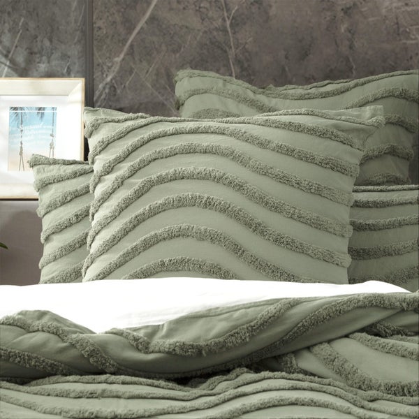 Cloud Linen Wave 65cm Pillowcase Cotton Chenille Vintage Washed Tufted Euro Sage Carousel 3