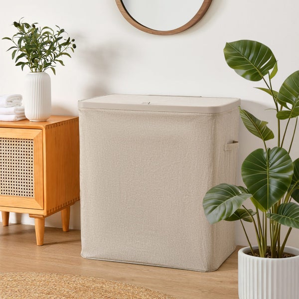 Sherwood Voyager 3-Section Laundry Hamper 120L Faux Linen 64x40x67cm Natural Carousel 1