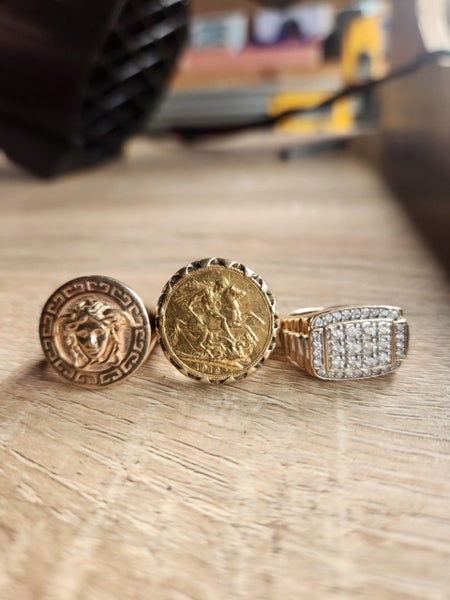 3 Rings, 22ct full soverign, mhj 10ct diamond mens, 9ct medusa ring Carousel 1