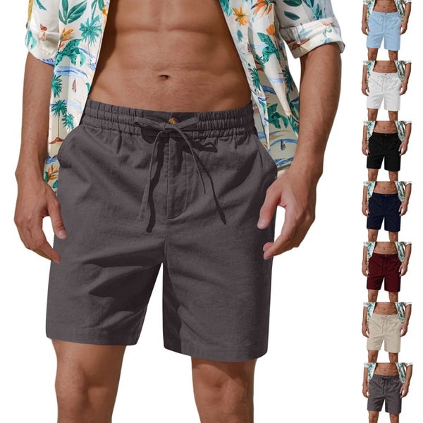 Men Shorts Elastic Waist Outdoor Lightweight Casual Loose Linen Shorts with Carousel 1