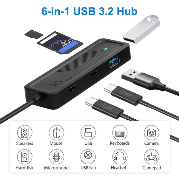 USB C Hub 6 in 1 Adapter with 2 USB 3.2 & 2 USB-C SD/TF Card Reader for Lap Carousel 2