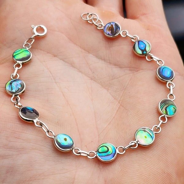Solid 925 Sterling Silver & Natural Paua Handmade Chain Bracelet Carousel 1