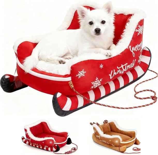 Christmas Sleigh Dog Bed, Funny Santa Sleigh Pet Warm Bed, Removable & Wash Carousel 1