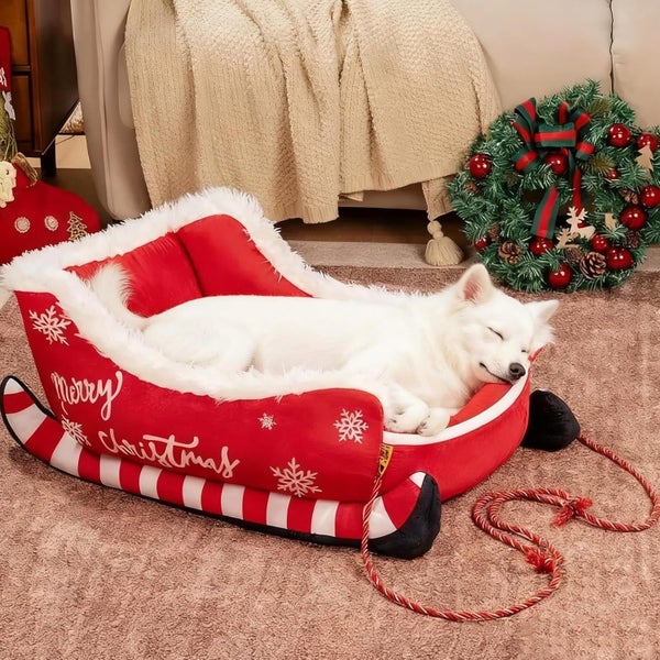 Christmas Sleigh Dog Bed, Funny Santa Sleigh Pet Warm Bed, Removable & Wash Carousel 2