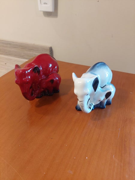 Royal Doulton Elephant Figurines – Pair, Flambé Red & Blue Carousel 1