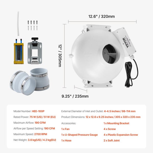 Vevor 4" To 4.5" Radon Mitigation Fan System Kit Quiet 190 Cfm Inline Duct Carousel 2