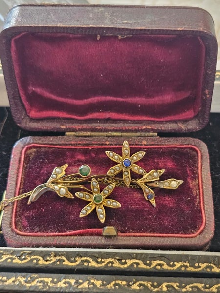 $1 Victorian 9ct Sapphire & Emerald Seed Pearl Brooch 4.30gm Carousel 2
