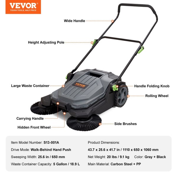 Vevor Walk Behind Hand Push Floor Sweeper 25.6" Width Gallon Waste Container Carousel 2