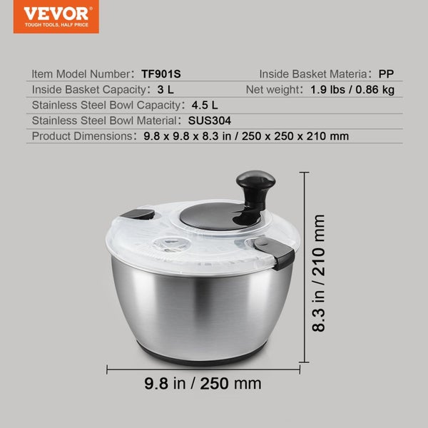 Vevor Stainless Steel Salad Spinner, 4.5L, One-Handed Easy Press Large Vegetable Carousel 2