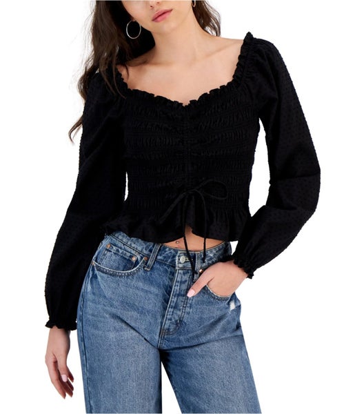 MADDEN GIRL Womens Smocked Ruched Tie Knit Blouse Carousel 1