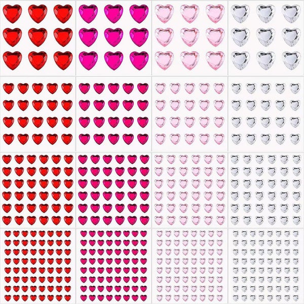 12 Sheet Heart Gem Stickers, 4 Color Flat Back Self Adhesive Heart Rhinesto Carousel 2