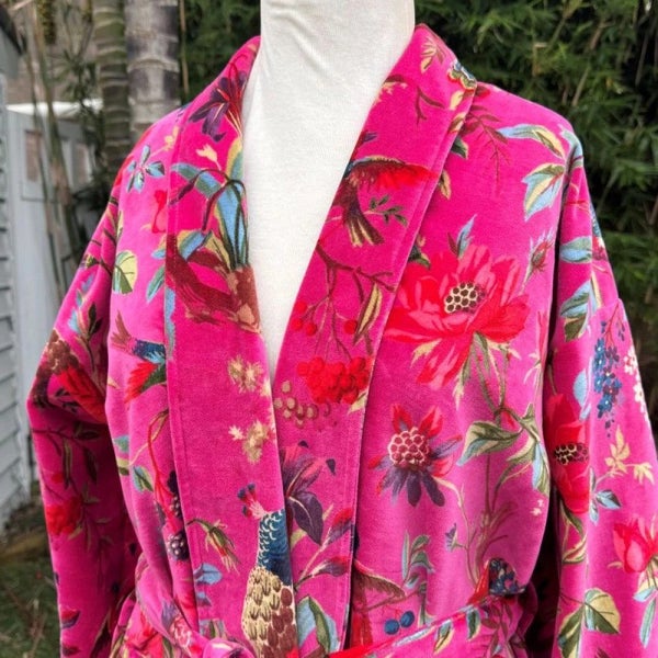 Paradise Hot Pink Velvet Kimono Robe by Floressents Carousel 1
