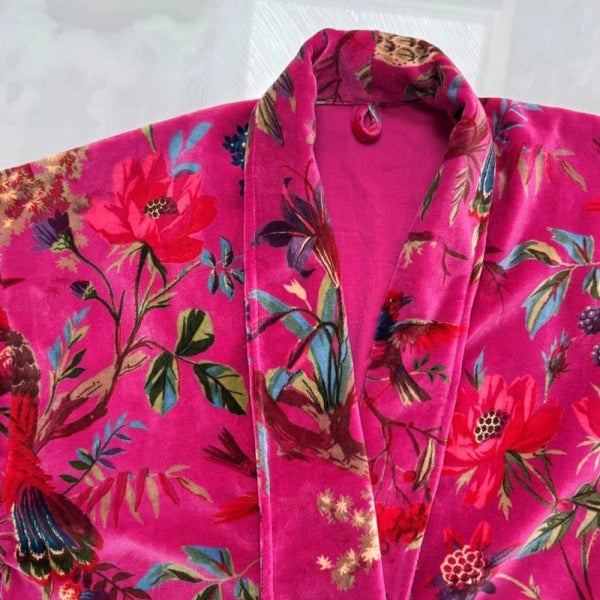 Paradise Hot Pink Velvet Kimono Robe by Floressents Carousel 2