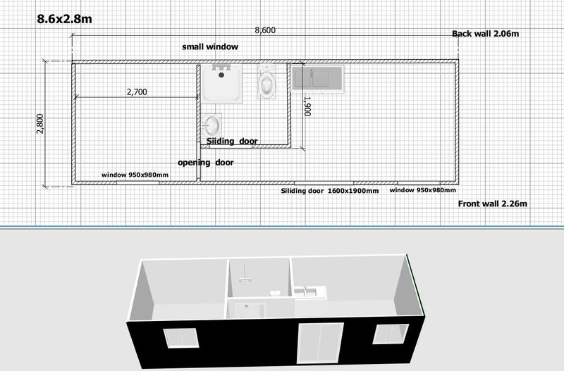 8.6x2.8m demo cabin ready to go -kitchen bathroom , power Carousel 8