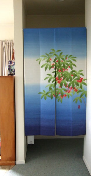 Japanese Noren doorway curtain for privacy or decor. BERRIES. Carousel 1