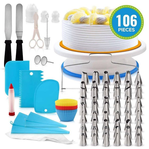 106 Pcs Cake Decorating Kit, 11" Cake Turntable, 48 Icing Tips, Offset and Carousel 1