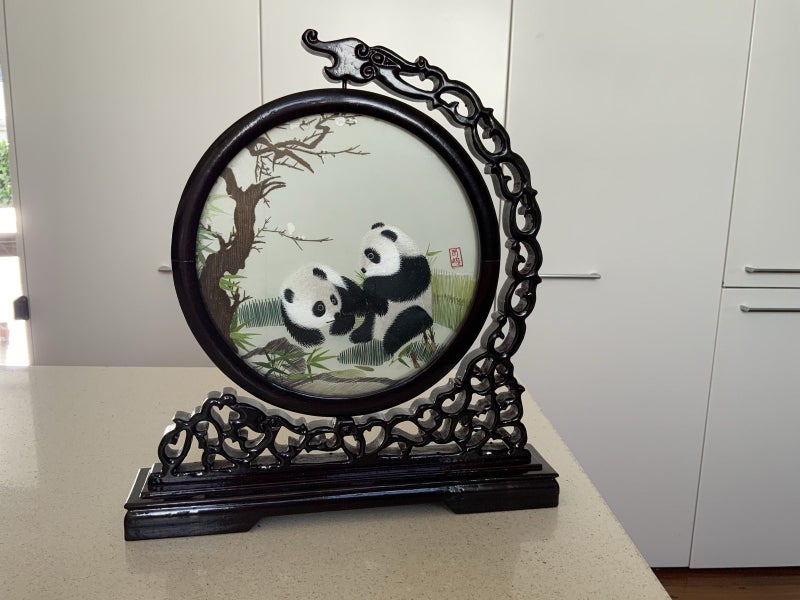 Antique Oriental embroidery on silk with wooden stand Carousel 2