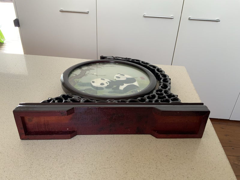 Antique Oriental embroidery on silk with wooden stand Carousel 5