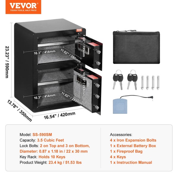 Vevor Double Door 3.5 Cu.Ft Safe Box With Key Lock Password Fireproof Bag Black Carousel 2