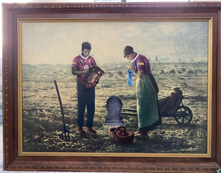 State of Origin - Framed Queensland Maroon Painting On Old Canvas Print Carousel 1