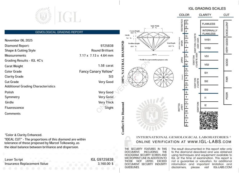 $1 RES * Valuation $5,500.00 * 1.58ct Round Large YELLOW Diamond Loose IGL CERT Carousel 2