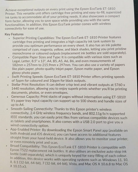 Printer Epson ET-1810 bought May 2024 ECO inks Carousel 2